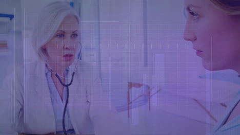 using stethoscope, healthcare professional examining patient with medical data overlay
