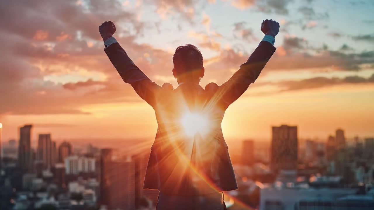 Successful businessman celebrating at sunset with city view