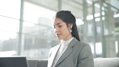 Laptop,-research-and-Asian-woman-in-office-lobby