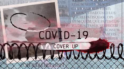 Animation of text covid 19 cover up and graphic elements over man in vr headset in office