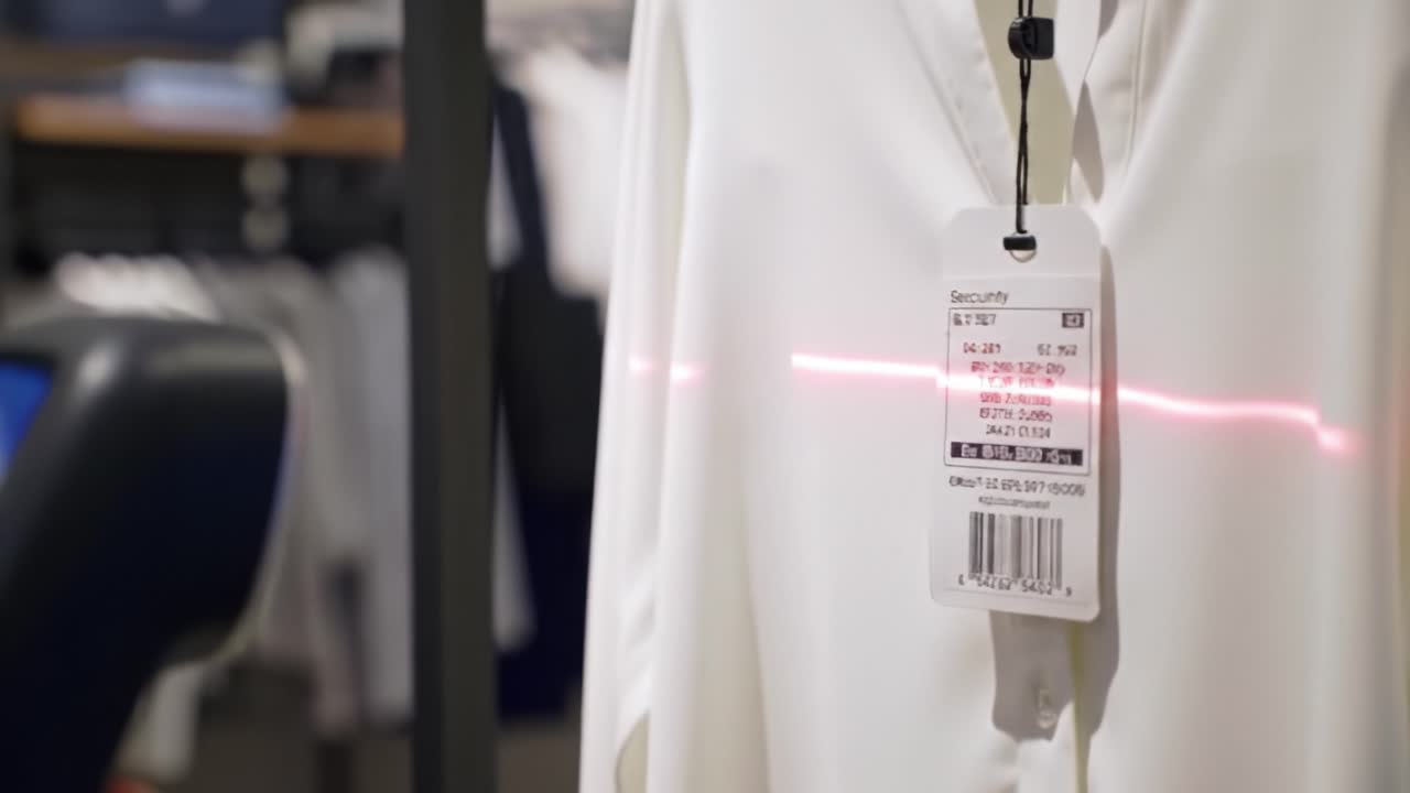A Close-Up of a Security Tag on a White Garment Being Scanned with a Laser Device in a Retail Clothing Store, Illustrating Theft Prevention Measures in Action