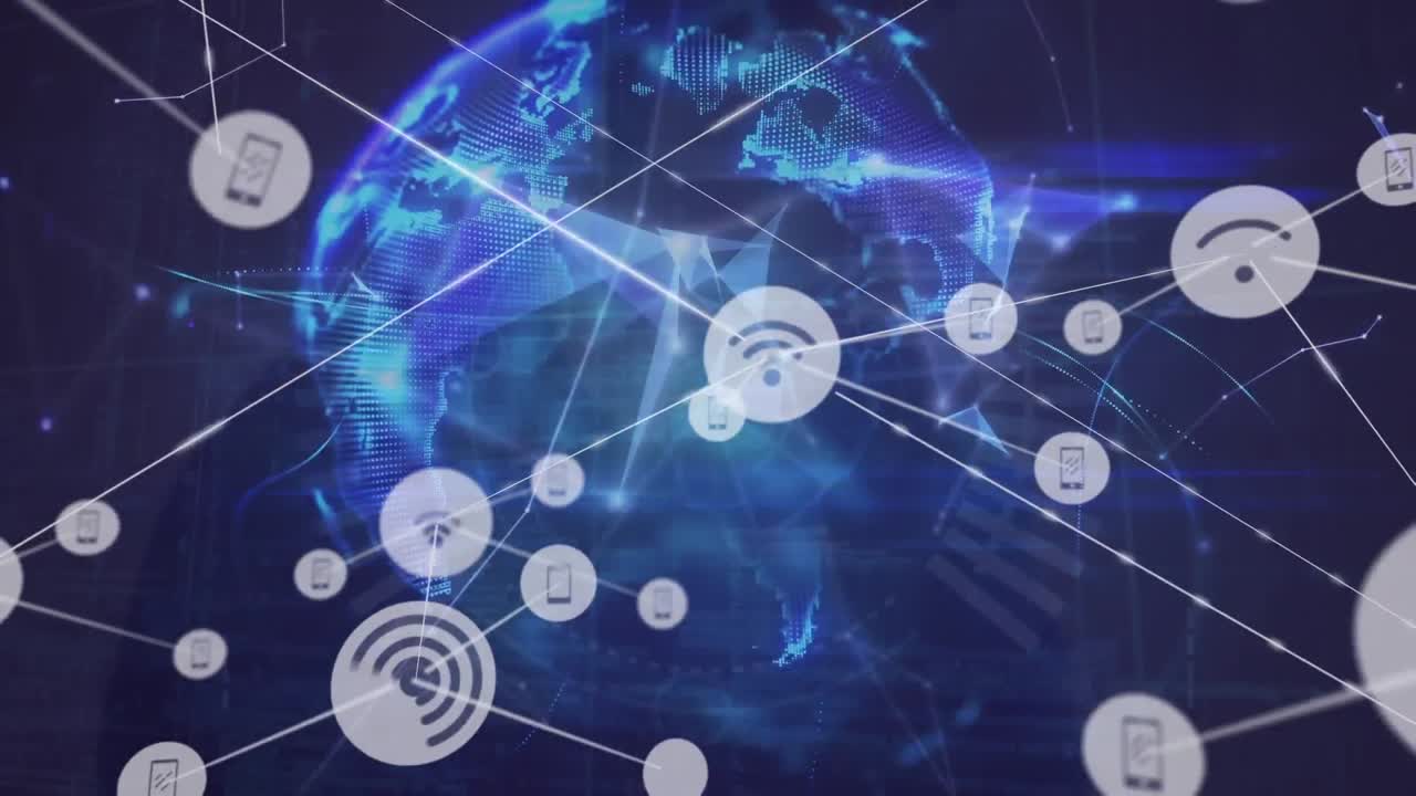 파란색 배경에 회전하는 플렉서스 네트워크의 전 세계에 대한 디지털 아이콘 네트워크의 애니메이션