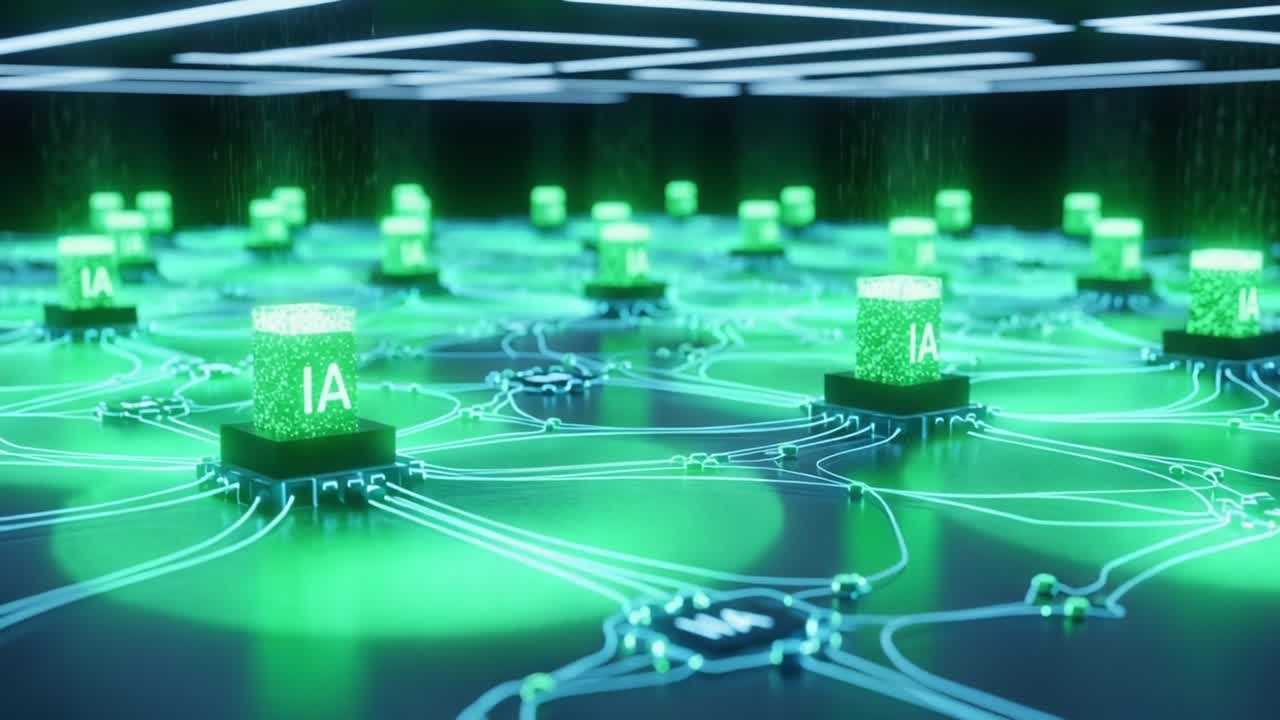 A Futuristic Visualization of Networked AI Nodes with Glowing Green Elements and Electric Connections in a High-Tech Environment