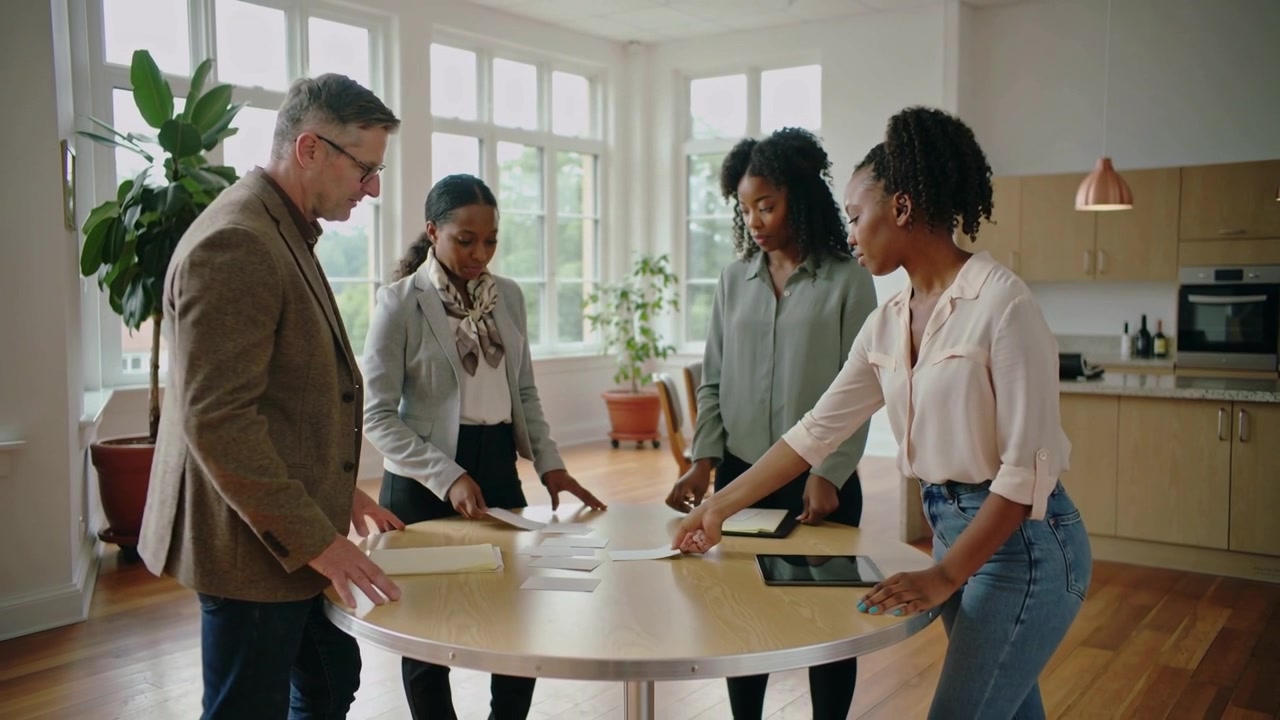 Handing envelopes blazer man guiding team in nook placing cards on round table review, tablets