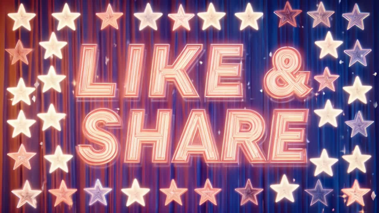 Bright and Engaging Neon Sign Displaying 'Like &amp; Share' Surrounded by Stars, Perfect for Social Media Promotion or Digital Marketing Campaigns