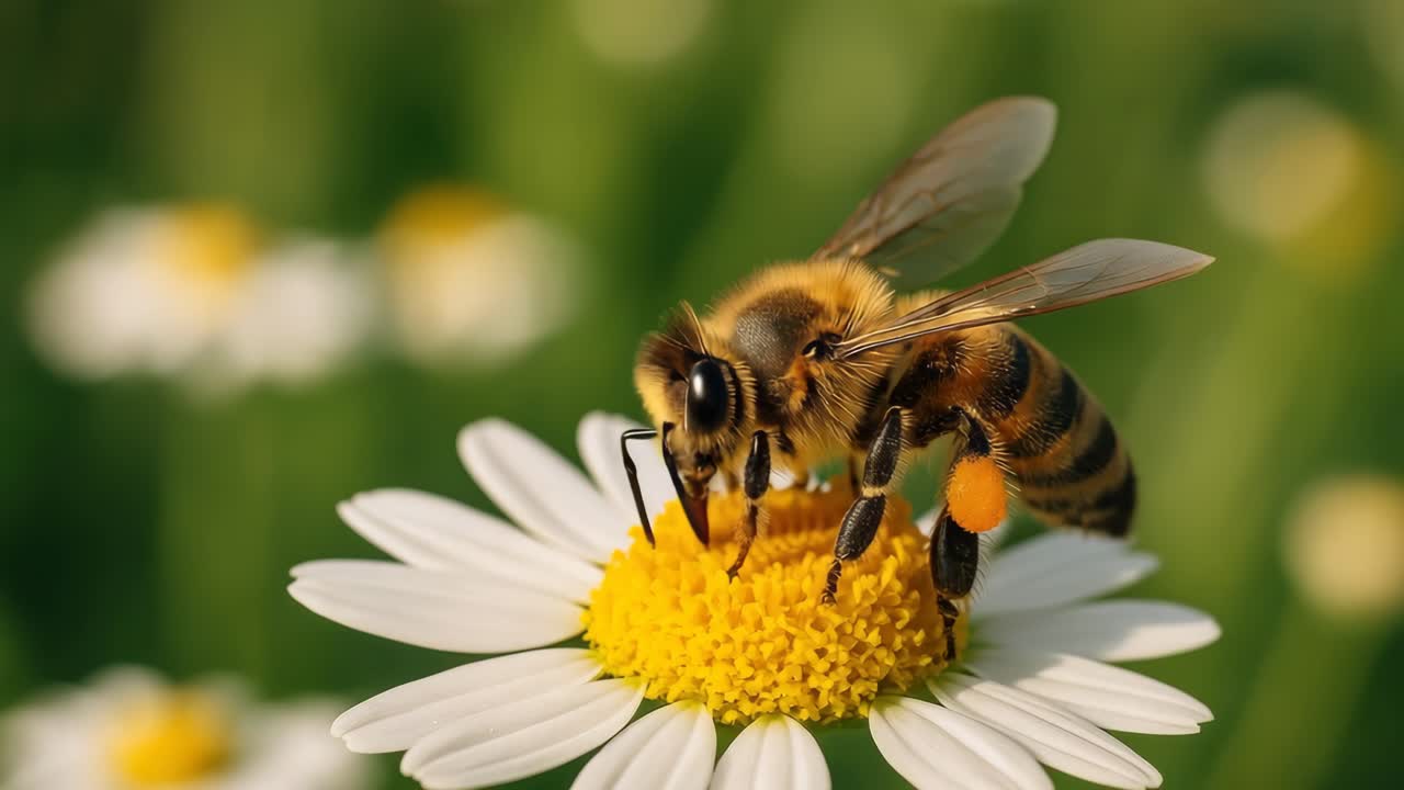Close-up video angle of a bee on a daisy, capturing intricate details and vibrant colors
