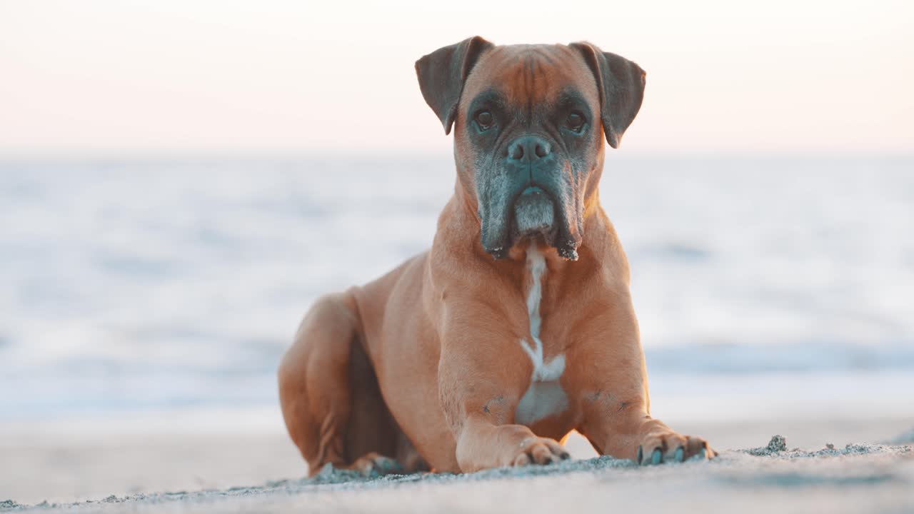 Boxer dog lying on the beach