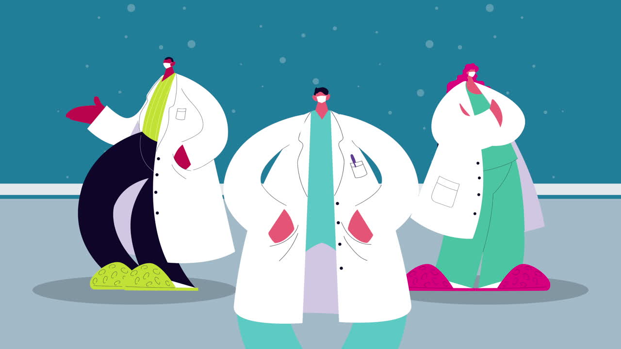 병원에서 코로나19에 대한 의료 마스크를 착용하는 의사 직원