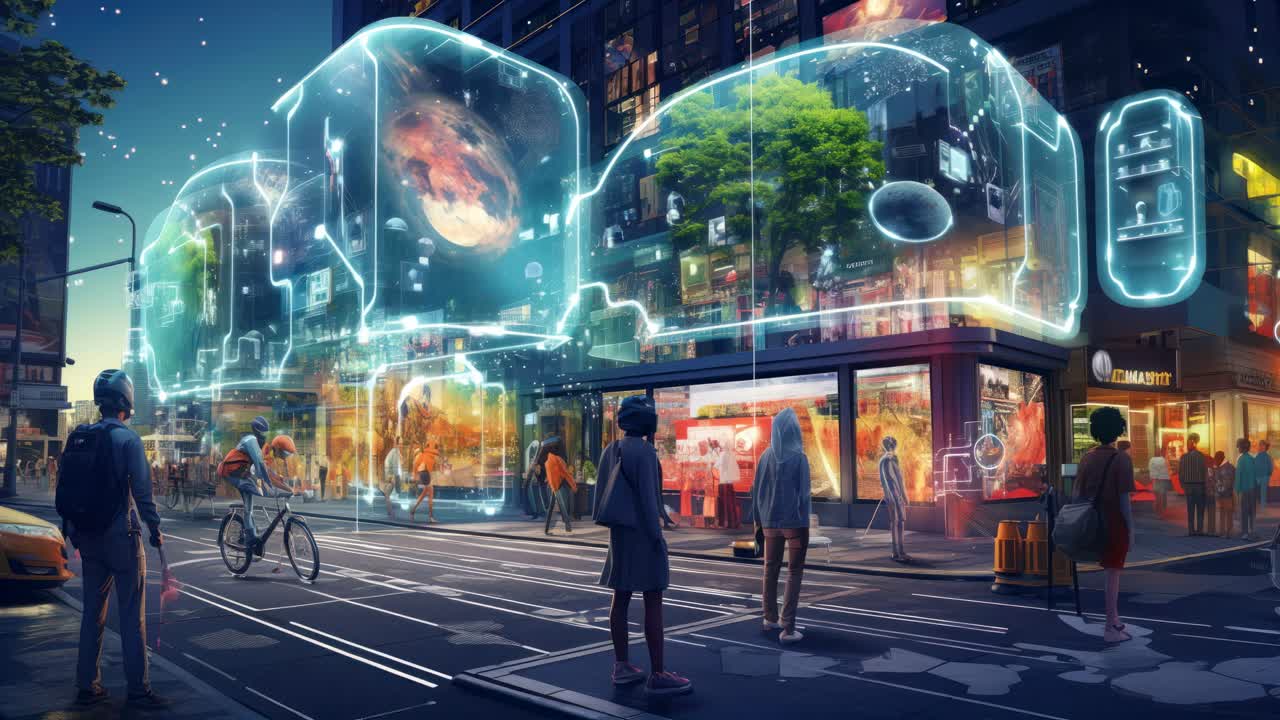Futuristic cityscape with holographic displays, captured from a street-level angle