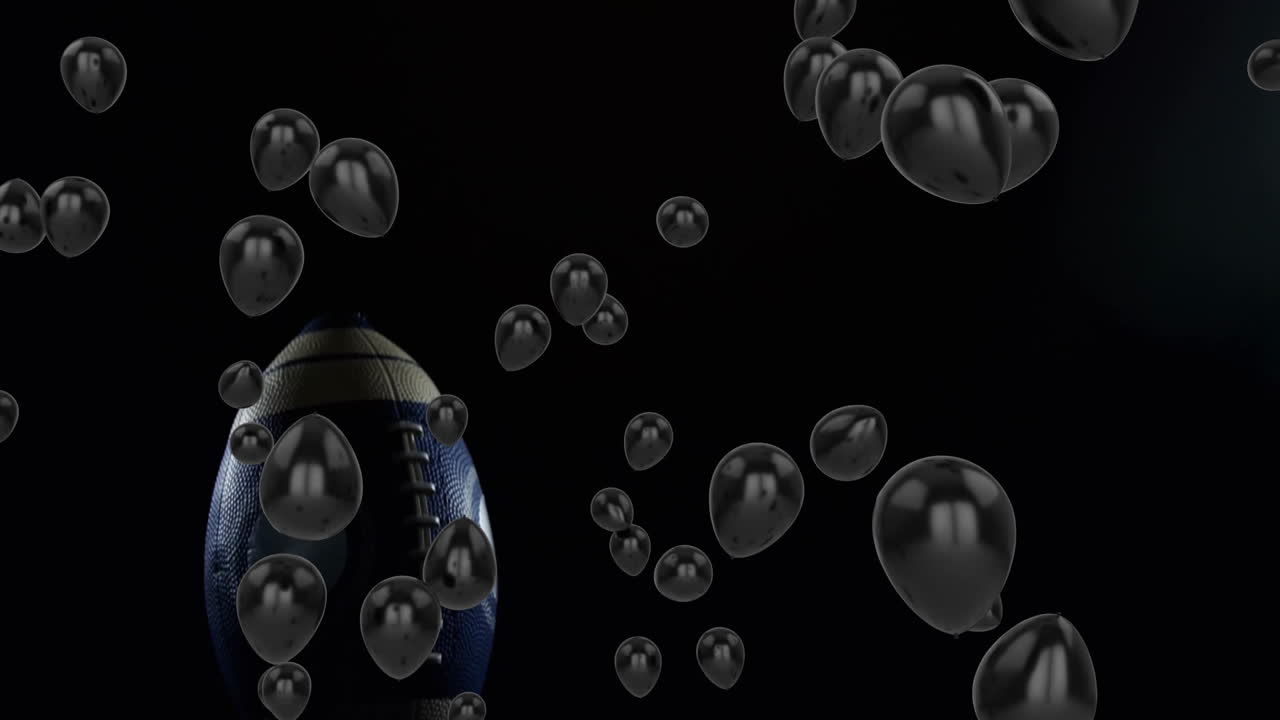 Floating black bubbles surrounding American football in dark animation background