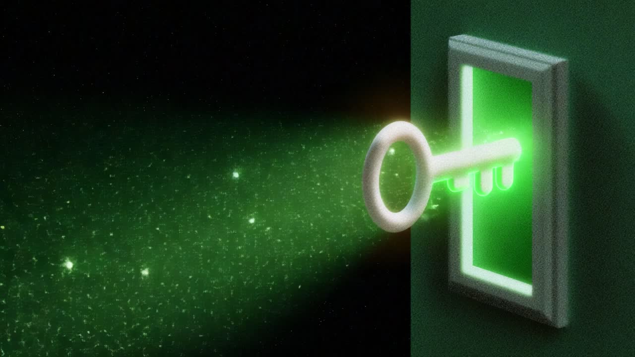 A Magical Escape: A Glowing Key Projecting Enchantment Through a Mysterious Doorway, Unveiling the Secrets Beyond the Green Light in a Captivating Dreamlike Atmosphere