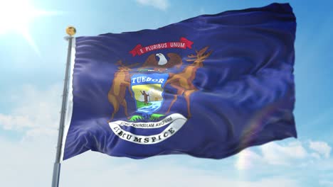 4k 3d illustration of the waving flag on a pole of state of michigan in united states of america