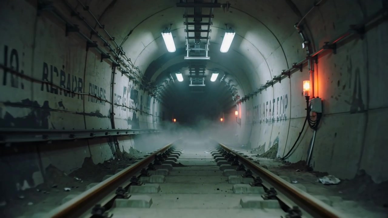 Drifting fog starting at far end filling tunnel, softening steel rails and concrete sleepers