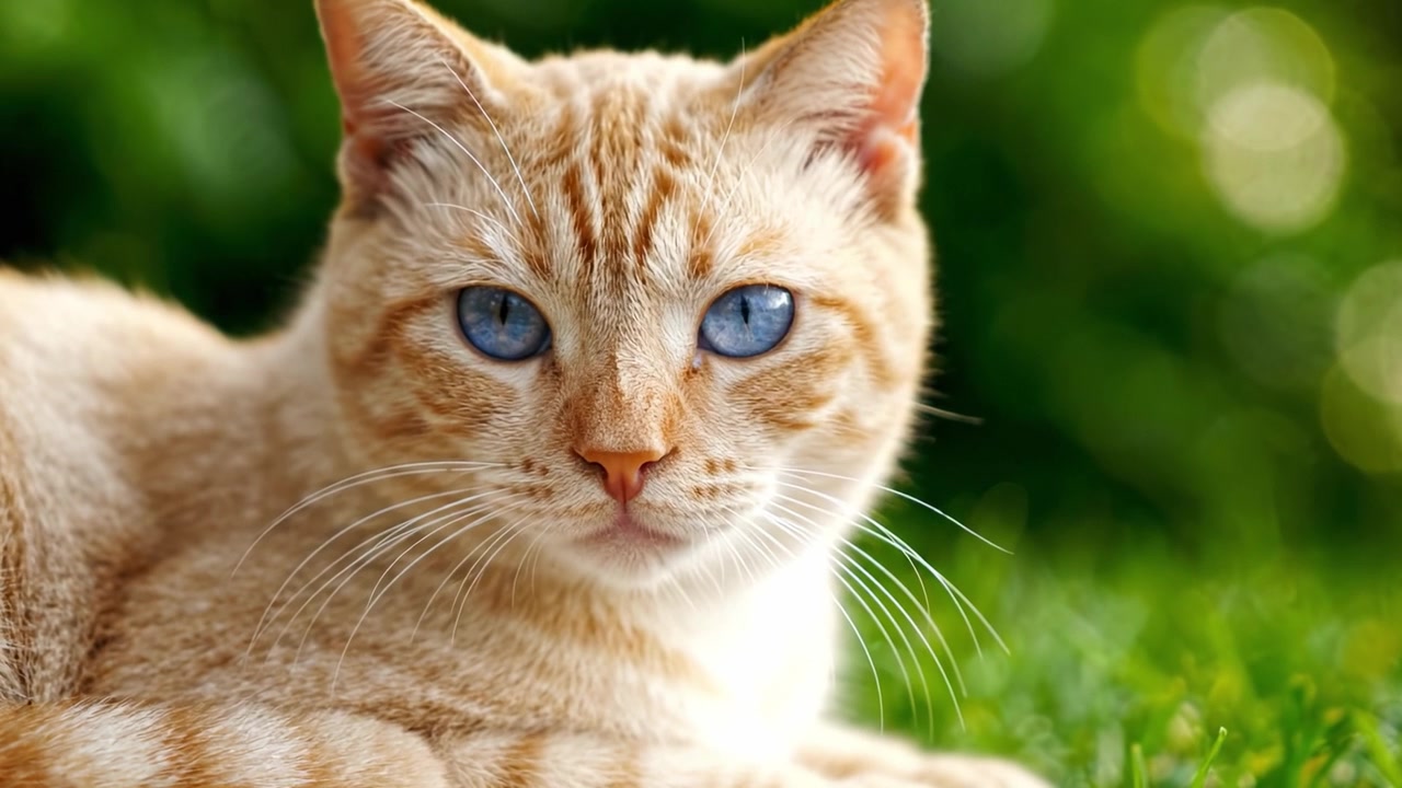 Un sereno gatto soriano dorato che si rilassa in un ambiente verde lussureggiante, catturato in due splendide inquadrature che mostrano il suo profilo aggraziato e i suoi intensi occhi blu.
