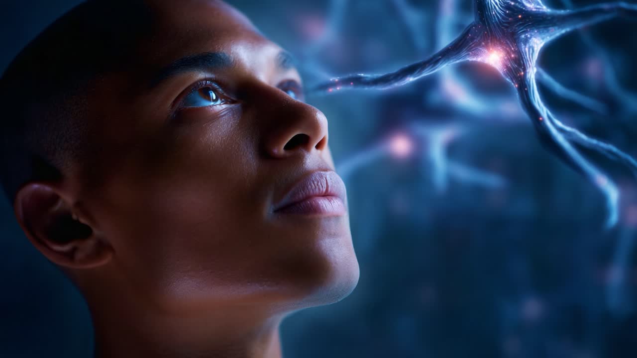 Una persona che guarda pensierosa una rappresentazione visivamente sorprendente di connessioni neurali, a simboleggiare le complessità della cognizione umana e i misteri della mente