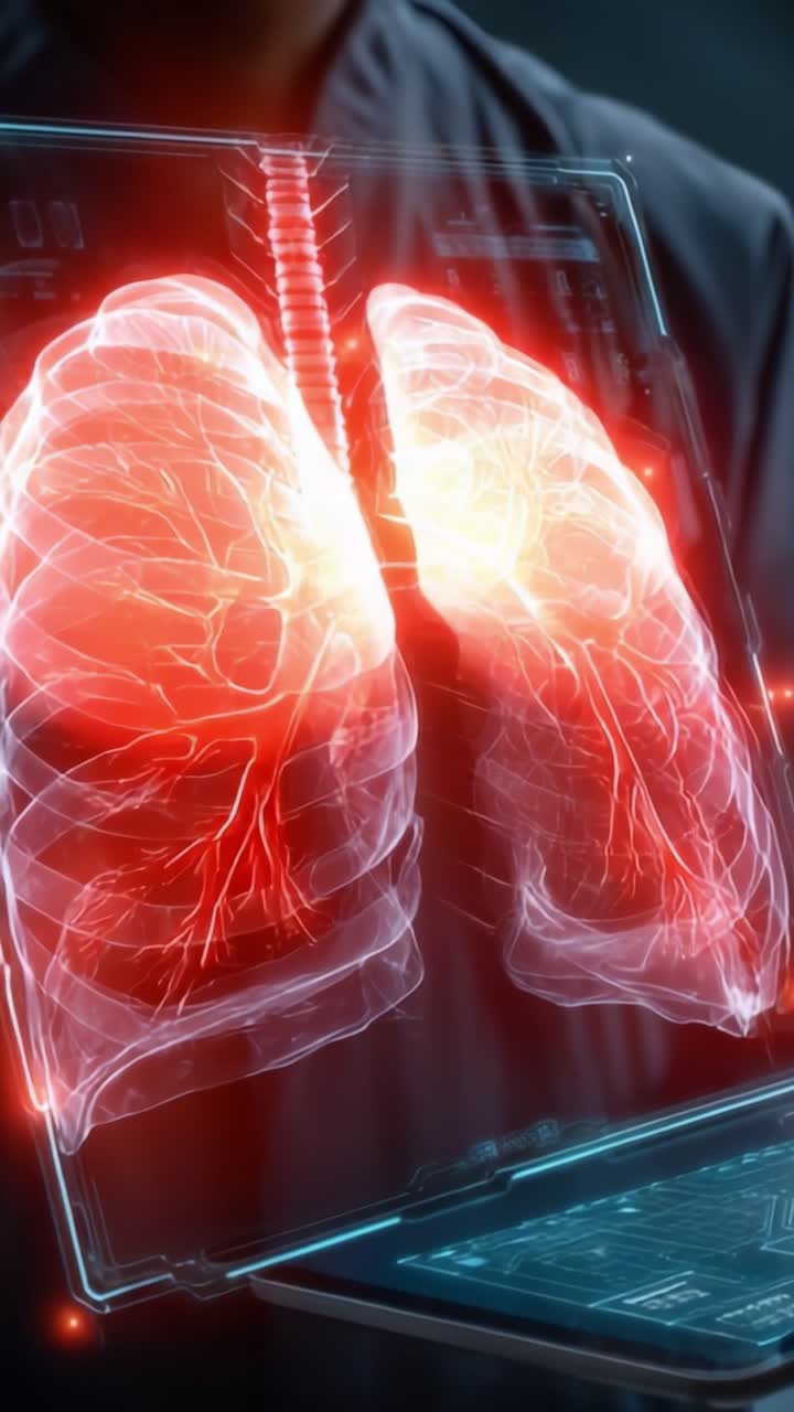 Una visualizzazione avanzata dei polmoni tramite tecnologia di imaging medico che mostra struttura e funzionalità dettagliate in un contesto futuristico.