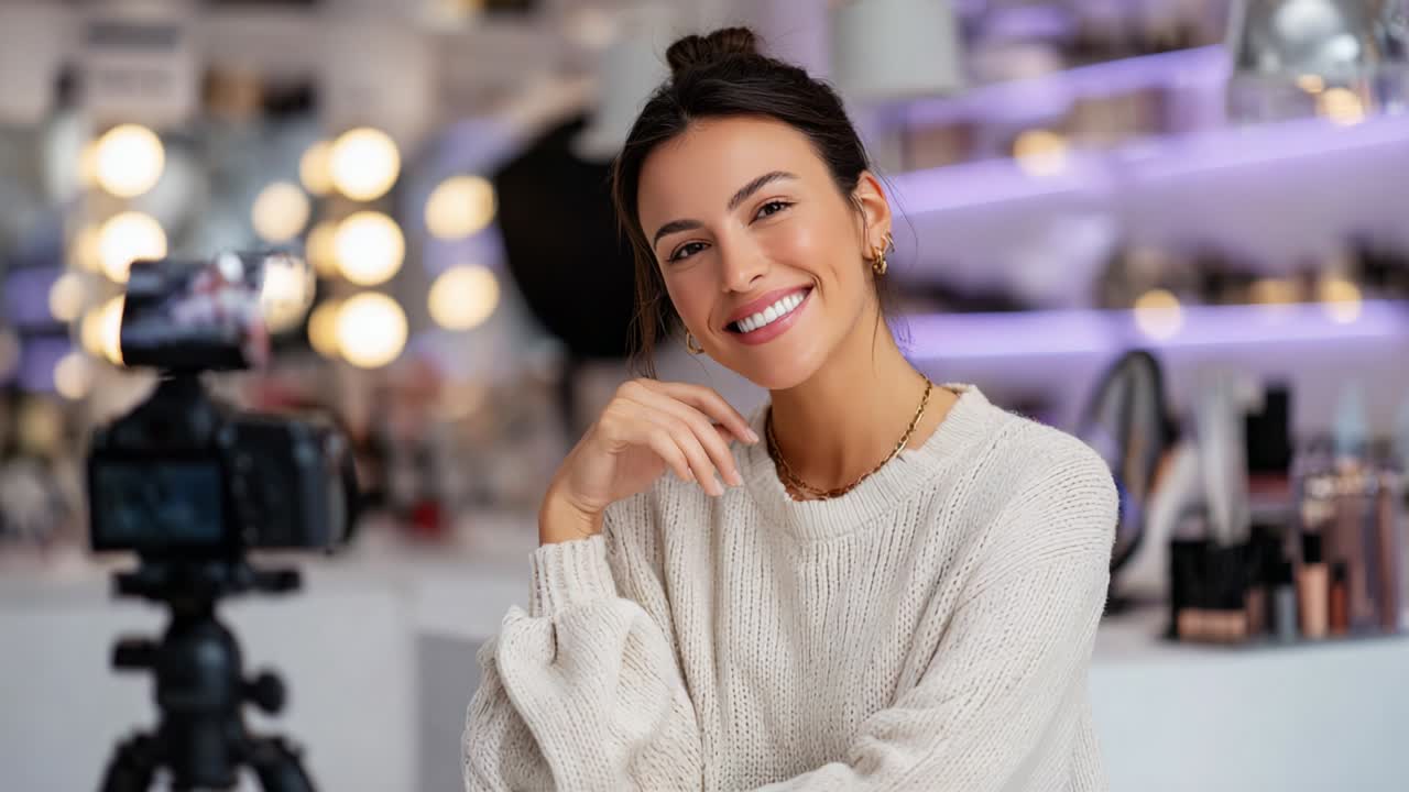 A Stylish Young Woman Poses for a Camera in a Brightly Lit Vanity Space, Showcasing Her Makeup Expertise and Engaging Personality, Ready to Share Tips and Tutorials with Her Audience