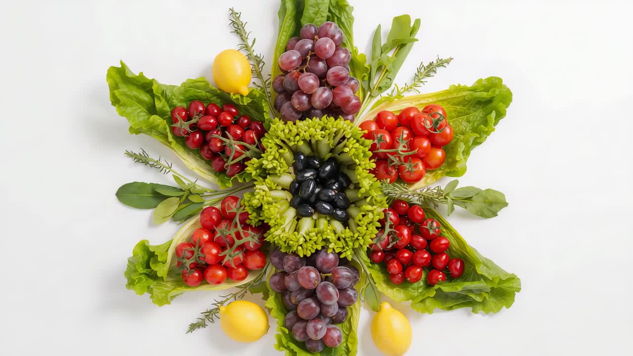 Telecamera che zooma rivelando prodotti floreali su un tavolo bianco, mostrando texture, olive, germogli, uva.