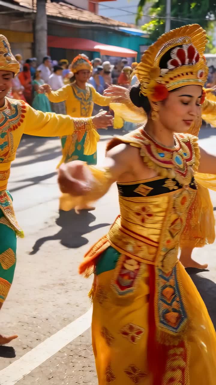 Telecamera che si allontana rivelando una ballerina principale in abito giallo-oro che balla per strada, sventolando sciarpe in una parata.