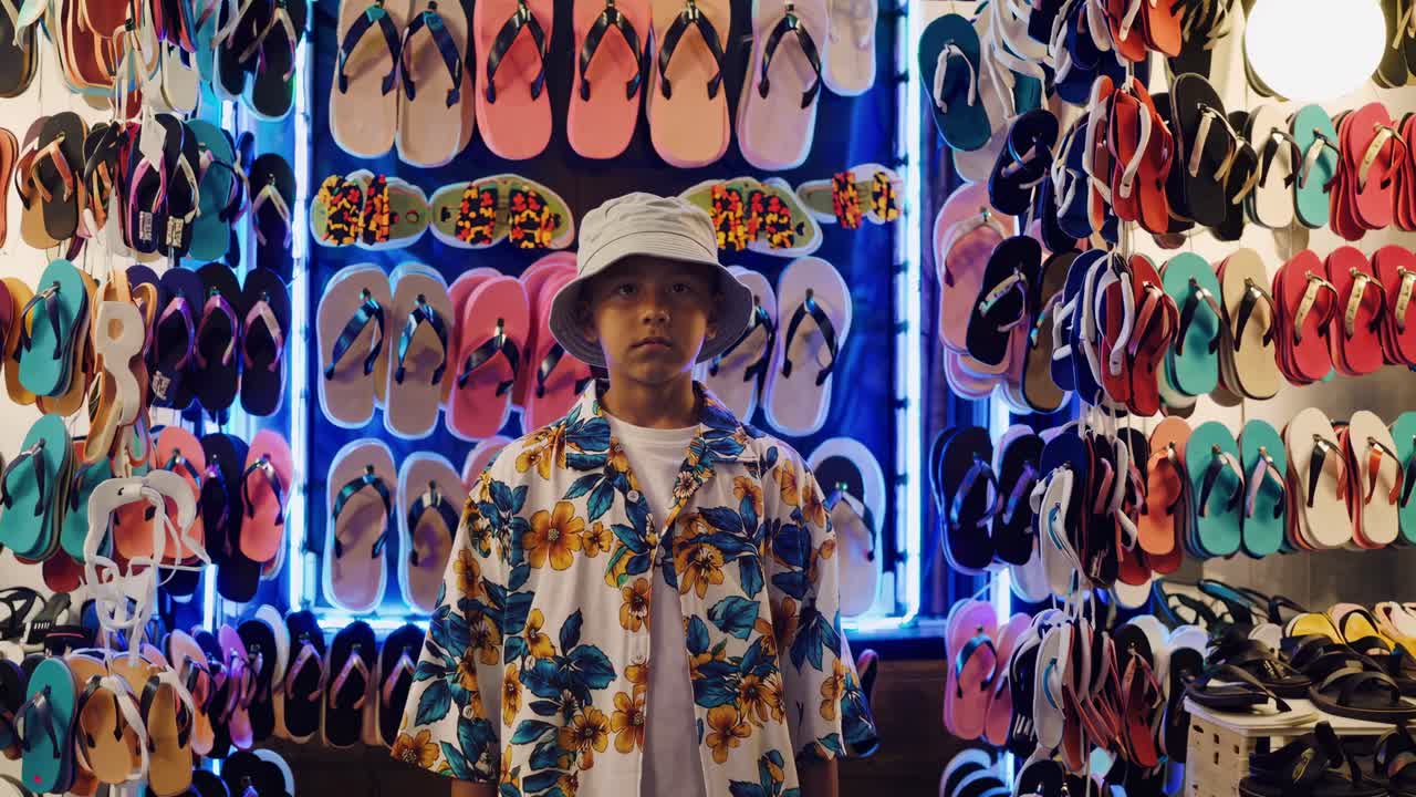 Young tourist wearing a floral hawaiian shirt and a bucket hat standing in a shop in front of a colorful display of flip flops, enjoying his summer vacation shopping for souvenirs