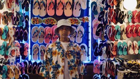 young tourist wearing a floral hawaiian shirt and a bucket hat standing in a shop in front of a colorful display of flip flops, enjoying his summer vacation shopping for souvenirs
