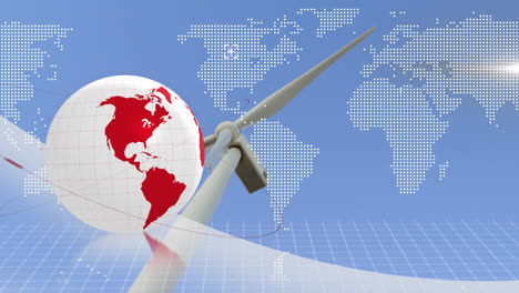 Animation-of-globe-and-world-map-data-processing-over-wind-turbine