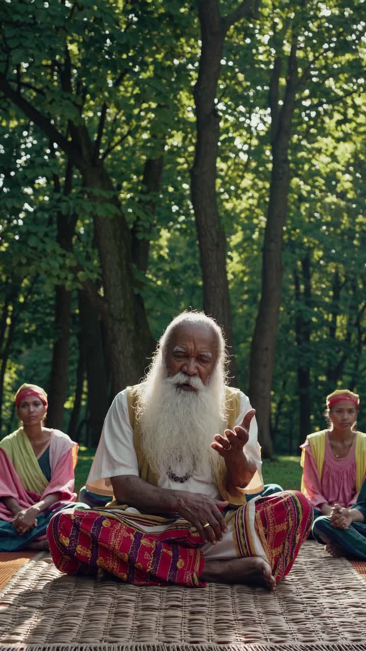A serene video scene captures a wise elder in traditional attire, seated cross-legged in a forest