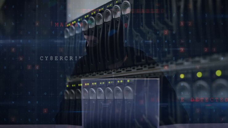 Animation of cyberattack over server room and hacker using laptop