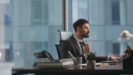 manager talking remote conference sitting office. businessman online negotiation