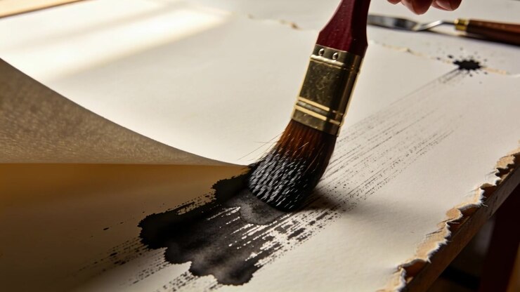 Toccare un segno bagnato, mano dell'artista che guida un pennello piatto tirando colore nero sul tavolo per arte con coltello