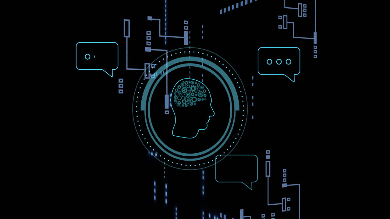 Human head with brain gears and chat bubbles, artificial intelligence concept animation