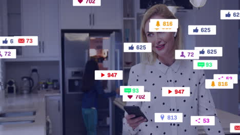 using smartphone with social media notifications, woman in polka dot shirt