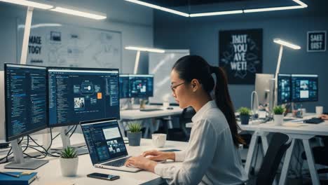 focused developer working at a modern workspace surrounded by multiple monitors, engaged in coding and graphic design with a productive atmosphere