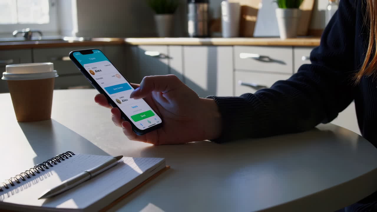persona que usa un teléfono inteligente en una cocina