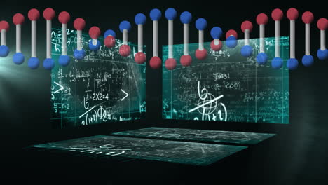 dna structure spinning against mathematical equations against black background