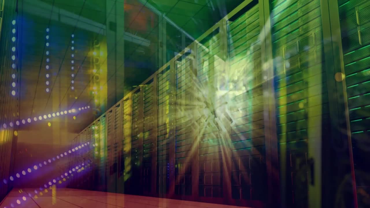 Animation of glowing cube over server room