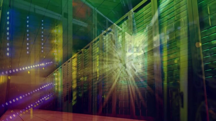 Animation of glowing cube over server room