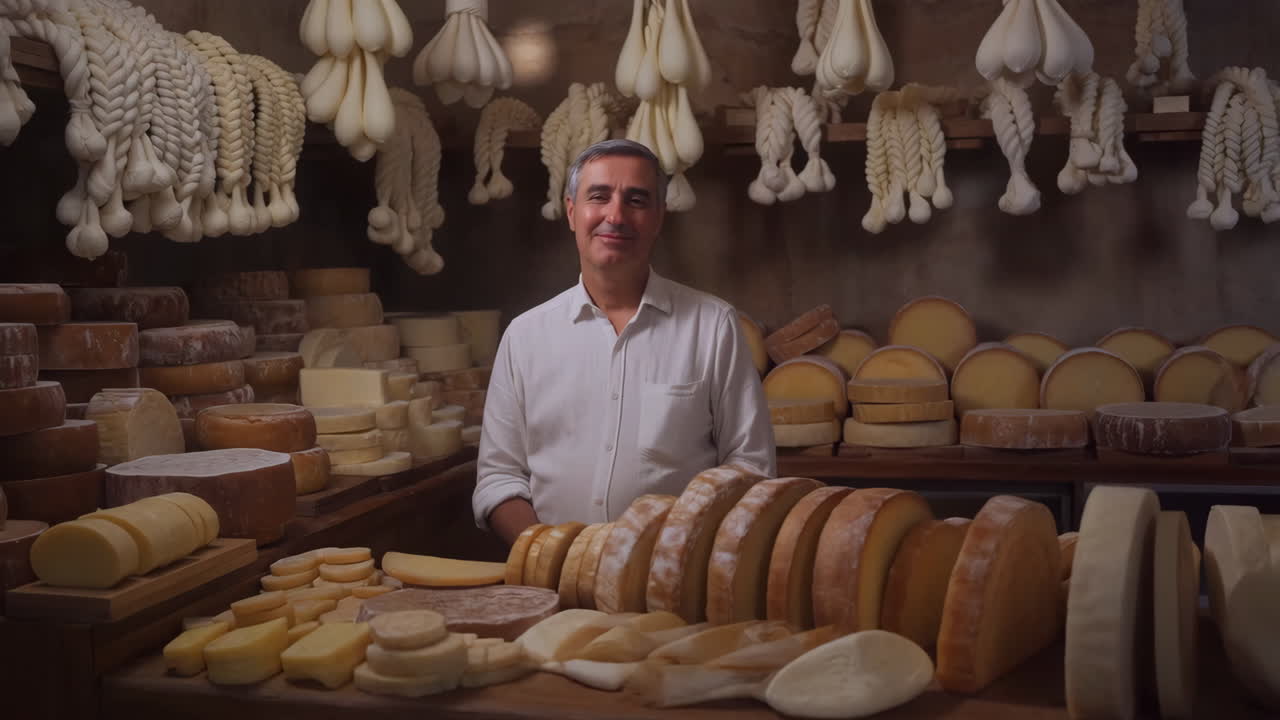 Man in a cheese shop with a variety of cheeses