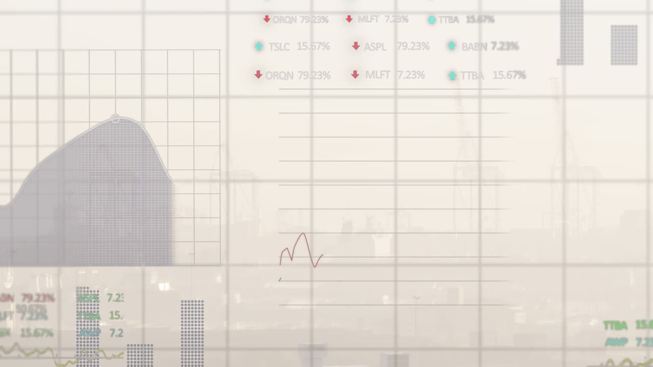 animación del procesamiento de datos financieros sobre el paisaje urbano
