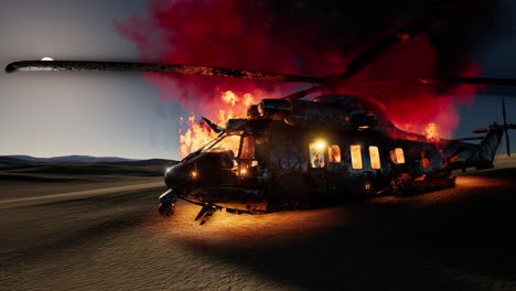 burned-military-helicopter-in-the-desert-at-sunset