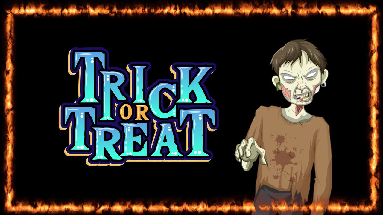 Cartoon zombie stands beside glowing text within a burning fire border on black background.