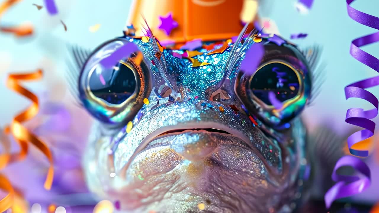 Ikan di pesta dengan topi! Seekor ikan mengenakan topi pesta dikelilingi oleh konfeti dan pita berwarna-warni selama perayaan yang menyenangkan.