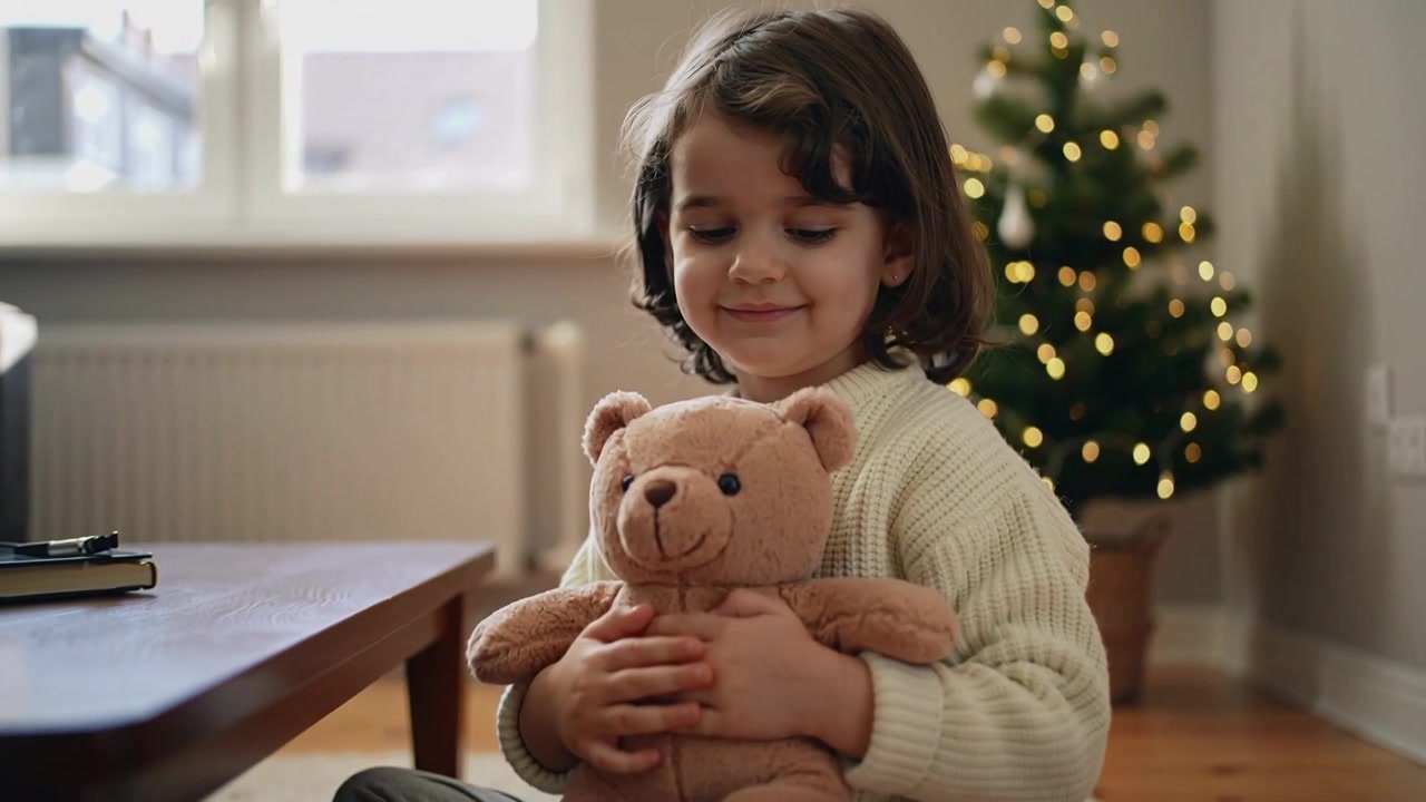 Bambino sorridente con maglione color crema che mostra un orsetto di peluche mentre la telecamera si avvicina, a casa con l'albero di Natale