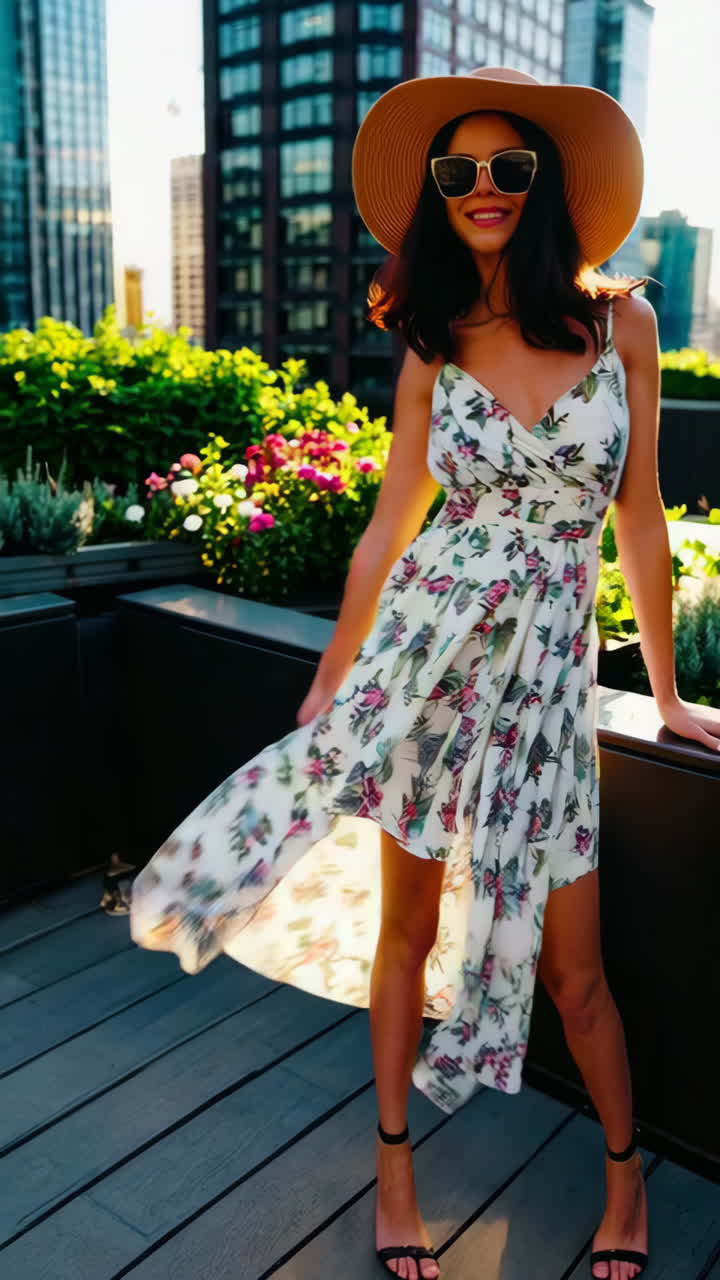 Stylish woman in a floral dress on a city rooftop