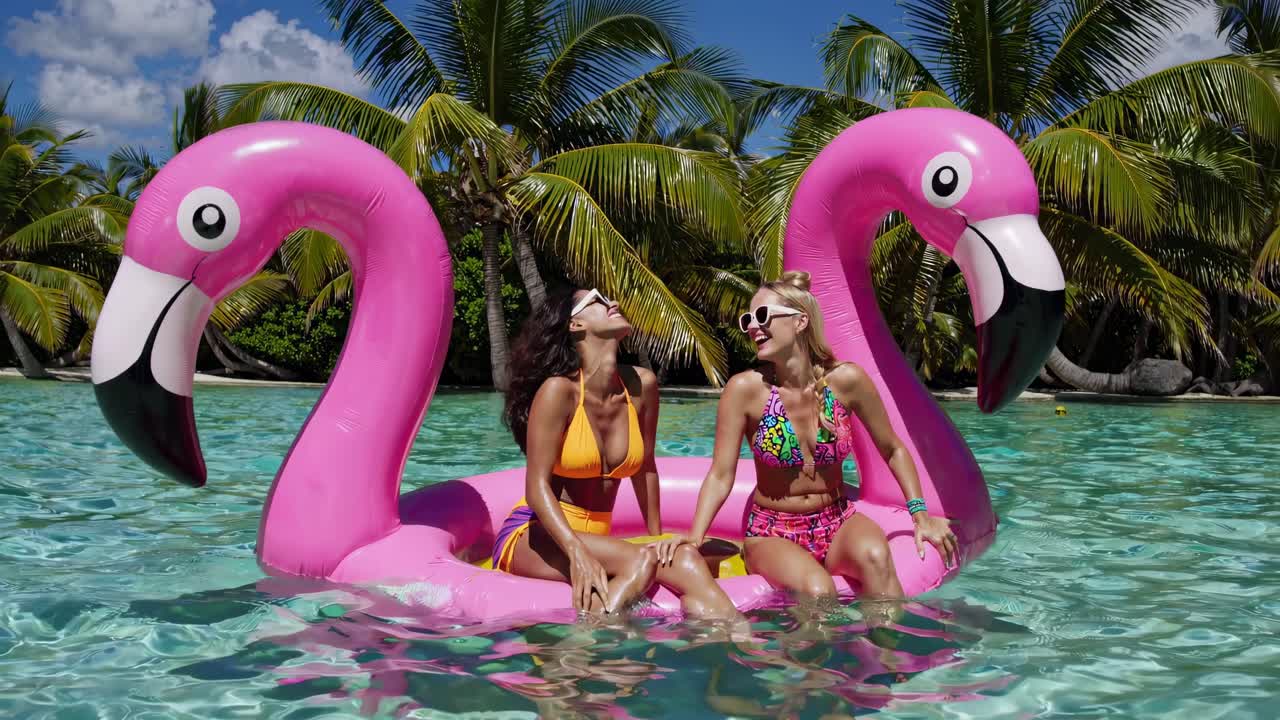 dos mujeres relajándose en un flamenco inflable en una piscina tropical