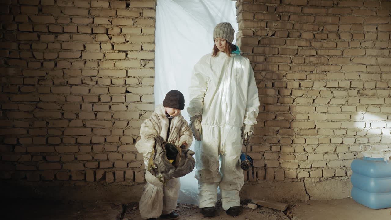 Orphan dressed in hazmat suit begins to remove large protective mask while elder sister in white coverall and knitted cap watches quietly inside abandoned brick walled shelter lit