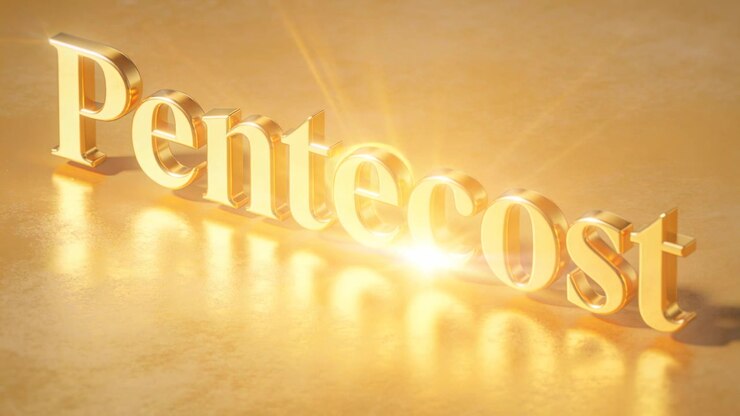 Moving key light revealing 3D gold Pentecost on studio table, accentuating title with brief flare