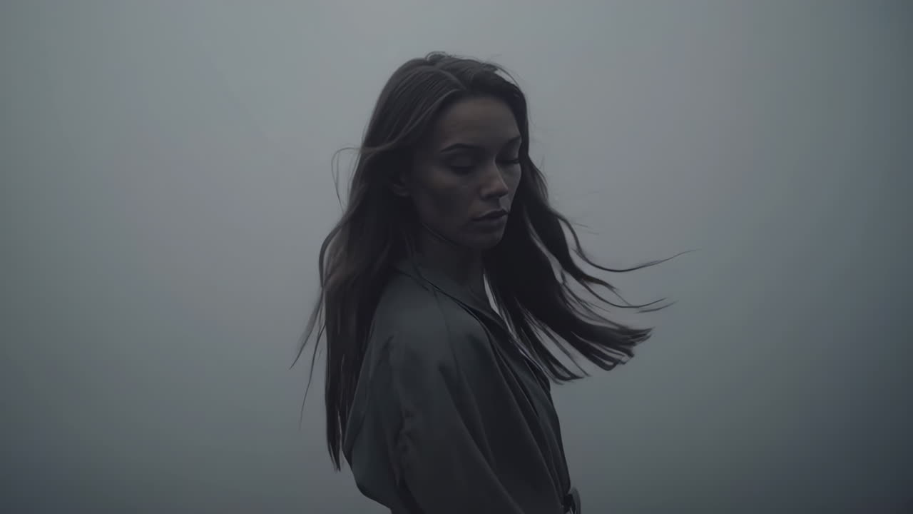 A Woman's Ethereal Journey Through Dense Fog