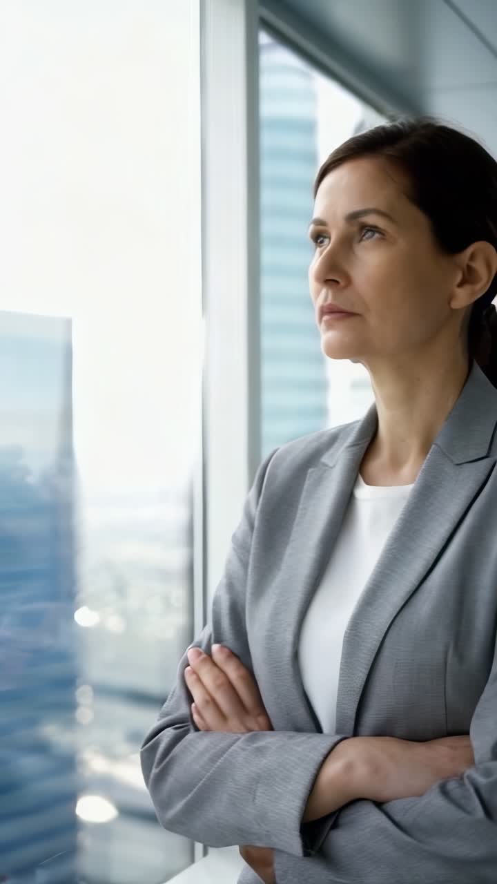 Caucasian adult female executive in gray suit looking out the window of his modern office.