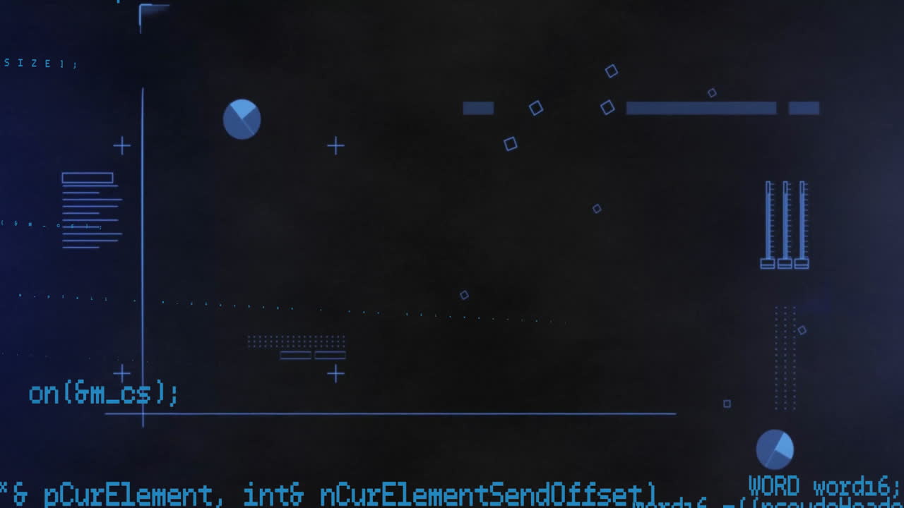 kod programowania i przetwarzanie danych animacja na ciemnym tle z niebieskim tekstem